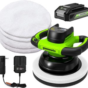 Greenworks 24V Powerful Cordless Car Buffer & Polisher, 10-inch pad 2800 RPM waxing machine with 4 Buffing Bonnets