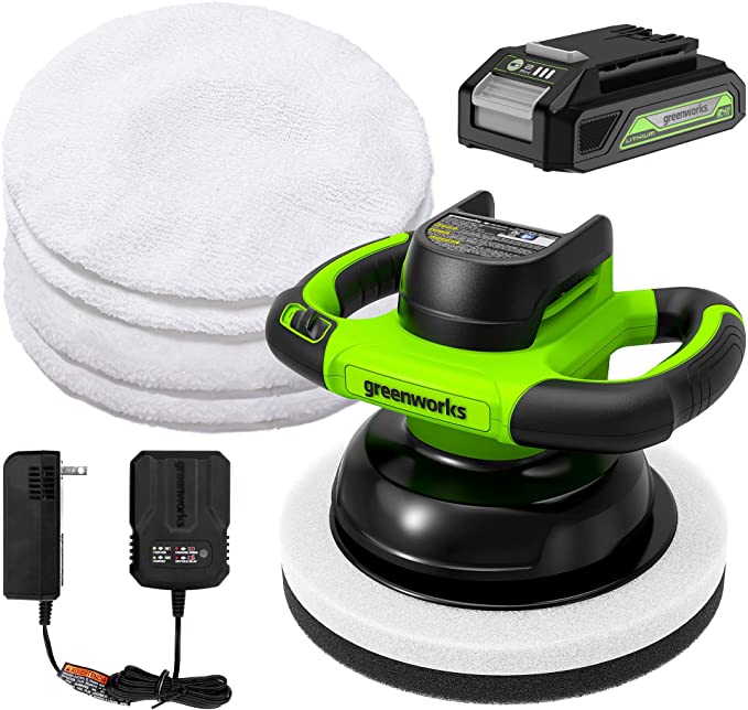 Greenworks 24V Powerful Cordless Car Buffer & Polisher, 10-inch pad 2800 RPM waxing machine with 4 Buffing Bonnets