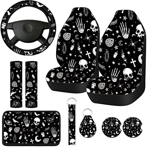 10 Pcs Moon Star Car Seat Cover Full Set for Women Men Steering Wheel Cover Front Seat Cover Belt Pad Armrest Pad Cover Car Coaster Keychain Wrist Holder for Universal Car SUV Truck(Vivid Pattern)