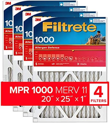 Filtrete 20x25x1 Air Filter, MPR 1000, MERV 11, Micro Allergen Defense 3-Month Pleated 1-Inch Air Filters, 4 Filters