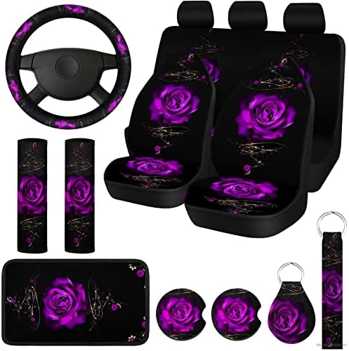 Tallew 15 Pcs Rose Art Flower Car Seat Covers Full Set for Women Rubber Steering Wheel Cover Armrest Seatbelt Polyester Fabric Front Rear Backrest Bottom Universal (Purple)