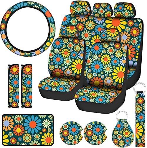 17 Pcs Hippie Flower Car Seat Cover Set Universal Accessories Colorful Art Floral Steering Wheel/Armrest Cover, Cup Holder Mat Keyring Shoulder Pad Wrist Strap for Women Men