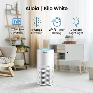 Afloia Air Purifiers for Home Large Room Up to 1076 Ft², H13 True HEPA Air Purifiers for Bedroom 22 dB, Air Purifiers for Pets Dust Dander Mold Pollen, Odor Smoke Eliminator, Kilo White, 7 Color Light