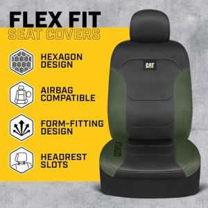 Cat® Flexfit Automotive Seat Covers for Cars Trucks and SUVs (Set of 2) – Black Car Seat Covers for Front Seats, Truck Seat Protectors with Green Honeycomb Trim, Auto Interior Covers