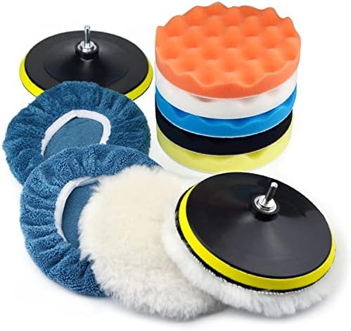 7 Inch Polishing Pads Kit Car Foam Sponge Pads Wool Bonnet Pads with 5/8-11 Thread Backing Pads & 8mm Adapters for Polisher & Electric Drill Auto Body Repair Pad for Waxing Buffing Sealing Glaze,13PCS