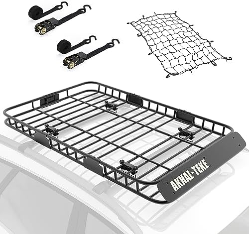 AKHAL-TEKE Roof Rack Basket, Upgraded 64"x 39"x 4" Roof Rack Cargo Carrier with 3' X 4' Super Duty Bungee Cargo Net, 2 pcs Ratchet Strap Fits for SUV Truck Cars