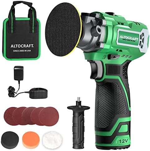 ALTOCRAFT Mini Polisher & Sander 3-inch, 12V Compact Cordless Small Buffer Waxer w/2.0Ah Battery,Variable Speed,5 Sandpapers,2 Flat Pads,Wool Pad for Car Detailing/DIY Polishing/Sanding/Waxing