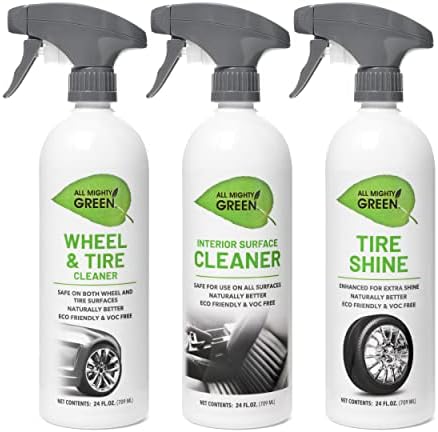 All Mighty Green Eco-Friendly 3 Piece Car Cleaning Combo Set, Interior Surface Cleaner, Tire Shine, Wheel Cleaner with UV Protection, 24 Oz - 3 Pack