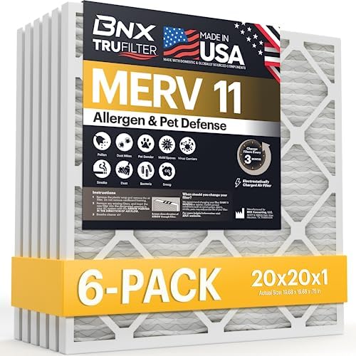 BNX TruFilter 20x20x1 Air Filter MERV 11 (6-Pack) - MADE IN USA - Allergen Defense Electrostatic Pleated Air Conditioner HVAC AC Furnace Filters for Allergies, Dust, Pet, Smoke, Allergy MPR 1200 FPR 7