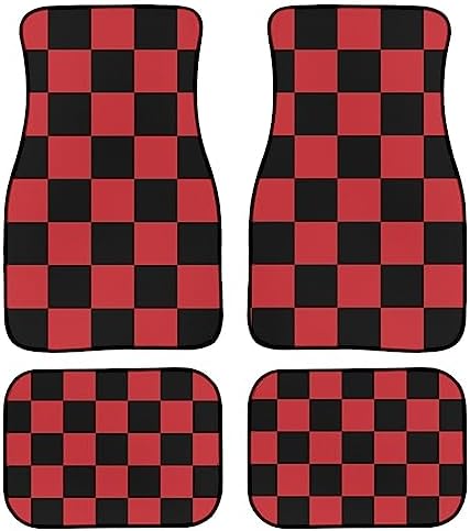 Checkered Car Floor Mats Set of 4,Geometric Checkered Plaid Pattern Black and Red Vehicle Front Rear Carpets Mats Universal Car Floor Rugs Non-Slip Auto Car Decor Accessories for SUV Van Truck