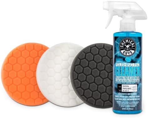 Chemical Guys HEX 3KIT 5 5.5" Buffing Pad Sampler Kit, (1) 16 Fl oz Polishing Pad Cleaner + (3) 5.5" Buffing Pads that Work with 5" Backing Plates, (Set of 4)