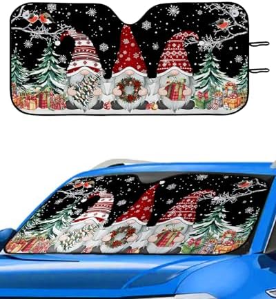 Christmas Gnomes Car Sun Shade Windshield Front Window Auto Sunshade Xmas Wreath Pine Tree with Gifts 27.5"x55" Visor Cover for Truck Vehicle Keep Cars Cool Branch on Black Automotive Accessories