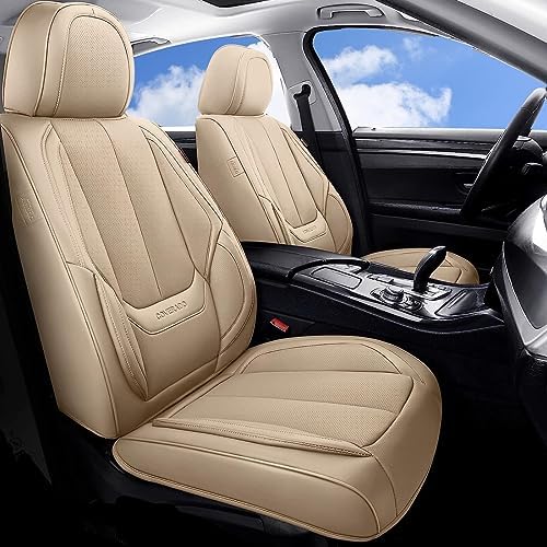 Coverado Front Car Seat Covers, 2 Pieces Car Seat Cover, Waterproof Car Seat Protectors, Nappa Leather Car Seat Cushion, Driver Seat Cover Universal Fit for Most Sedans SUV Pick-up Truck, Beige