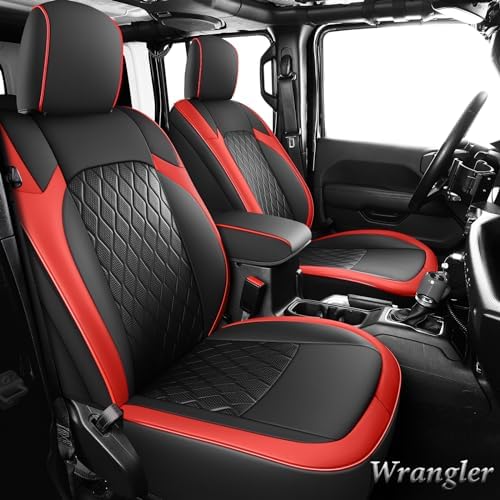 Coverado Jeep Wrangler Seat Covers 4 Door 2PCS, Leather Car Seat Cover for Jeep Wrangler Vehicle Accessories Custom Fit for 2018-2023 Jeep Wrangler Seat Covers with Rear Cupholder (Red)