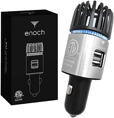 Enoch Ionic Car Air Purifier with Dual USB Car Charger. Car Air Freshener Eliminates Odor, Dust. Removes Smoke, Pet and Food Odor. Ionic Ozone Car Deodorizer (Gray Silver)