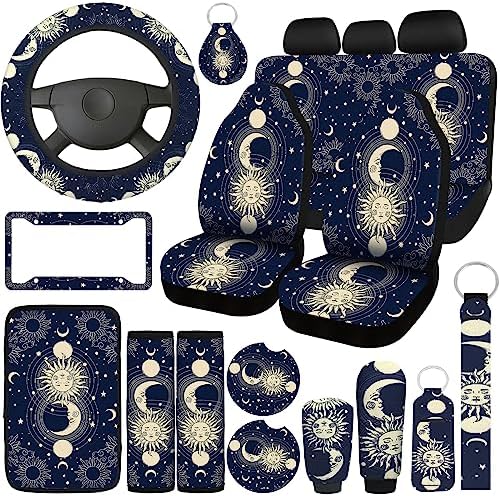 Estune 19 Pcs Moon Stars Sun Car Seat Covers, Full Set Car Accessories Steering Wheel Cover Front Rear Seat Cover Headrest Armrest Cover Seat Belt Cover Cup Holder Keychains Wrist Strap for Cars SUV