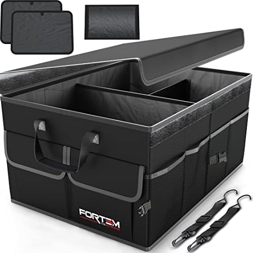 FORTEM Car Storage Organizer, Collapsible Multi Compartment SUV Trunk Organizer, Non Slip Bottom, Adjustable Securing Straps, Foldable Cover (Black, Standard Size)