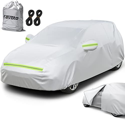 Favoto 6 Layers Car Cover Waterproof All Weather for Automobiles, Heavy Duty Outdoor Full Cover Sun Protection Car Tarp with Door Zipper Windproof Straps, Universal Fit for Hatchback (157-171 inch)