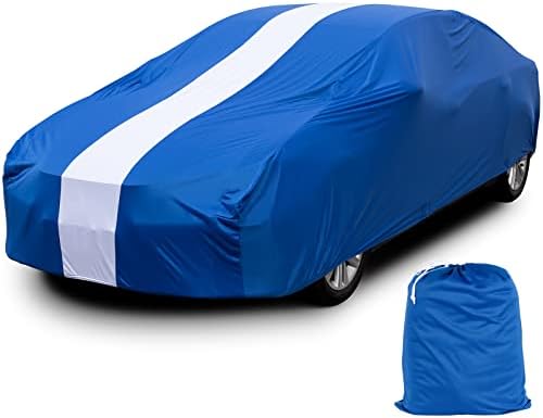 Favoto Car Cover Dustproof Sedan Indoor Stretch Cover Universal Fit 177-193 Inch Automobiles Full Car Cover with Storage Bag Breathable Windproof All-Weather Auto Vehicle Cover (Blue-Upgraded)