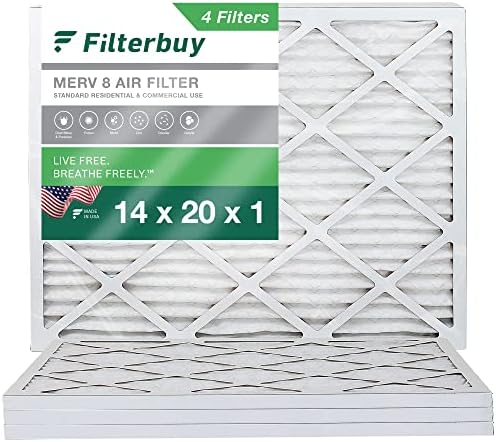 Filterbuy 14x20x1 Air Filter MERV 8 Dust Defense (4-Pack), Pleated HVAC AC Furnace Air Filters Replacement (Actual Size: 13.50 x 19.50 x 0.75 Inches)