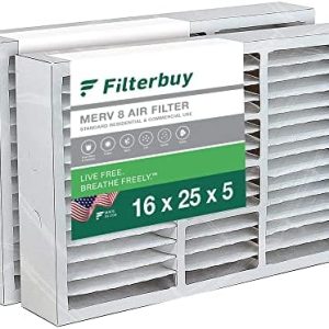 Filterbuy 16x25x5 Air Filter MERV 8 Dust Defense (2-Pack), Pleated HVAC AC Furnace Air Filters Replacement for Honeywell FC100A1029, Lennox X6670, Carrier P102-1625, Air Kontrol, Bryant, Day & Night, and Payne (Actual Size: 15.75 x 24.75 x 4.38)