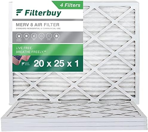 Filterbuy 20x25x1 Air Filter MERV 8 Dust Defense (4-Pack), Pleated HVAC AC Furnace Air Filters Replacement (Actual Size: 19.50 x 24.50 x 0.75 Inches)