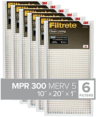 Filtrete 10x20x1 Air Filter, MPR 300, MERV 5, Clean Living Basic Dust 3-Month Pleated 1-Inch Air Filters, 6 Filters