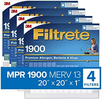 Filtrete 20x20x1 Air Filter, MPR 1900, MERV 13, Healthy Living Ultimate Allergen 3-Month Pleated 1-Inch Air Filters, 4 Filters