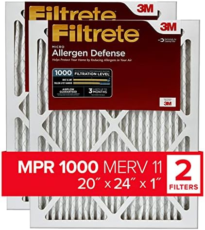 Filtrete 20x24x1 Air Filter, MPR 1000, MERV 11, Micro Allergen Defense 3-Month Pleated 1-Inch Air Filters, 2 Filters