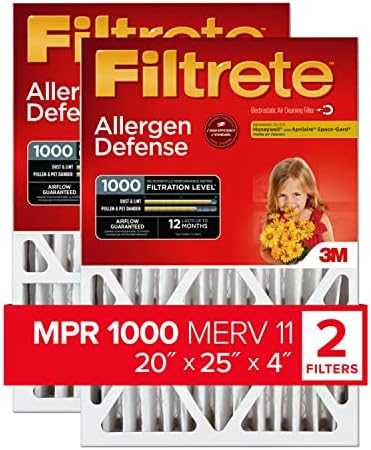Filtrete 20x25x4 Air Filter, MPR 1000, MERV 11, Allergen Defense 12-Month Deep Pleated 4-Inch Air Filters, 2 Filters