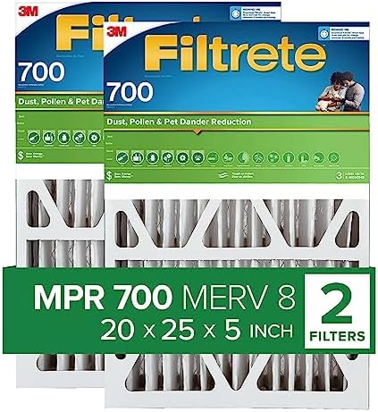 Filtrete 20x25x5 Air Filter, MPR 700, MERV 8, Clean Living Dust, Pollen and Pet Dander Reduction Pleated 5-Inch Air Filters, 2 Filters