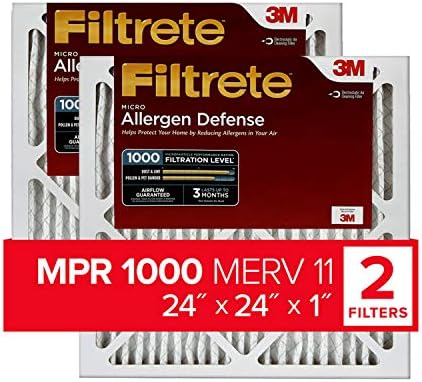 Filtrete 24x24x1 Air Filter, MPR 1000, MERV 11, Micro Allergen Defense 3-Month Pleated 1-Inch Air Filters, 2 Filters