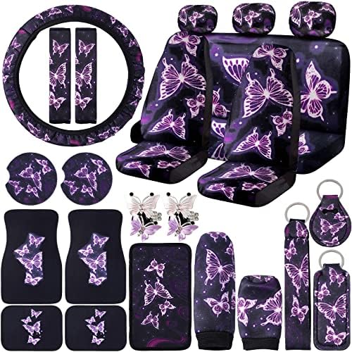 Frienda 24 PCS Butterfly Car Accessories Butterfly Car Seat Covers Full Set Car Floor Mats Steering Wheel Cover Seat Belt Pads Center Console Pad Cup Holders for Women Girl (Purple Butterfly Pattern)