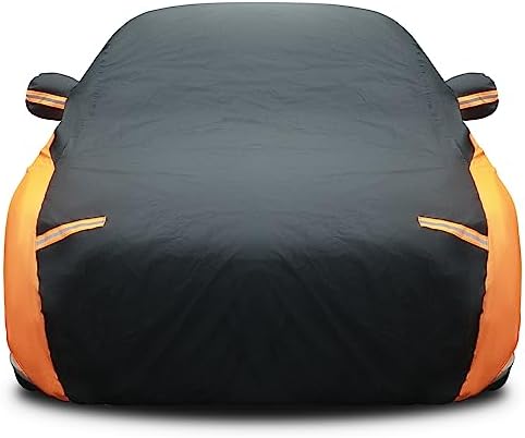 Full Car Cover Waterproof Most Weather for Automobiles, Outdoor Full Cover Rain UV Protection Sun, Scratch Resistant Windproof Universal (Black, Orange, Fit Sedan Length/Small SUV (185-193'') 59'' H)
