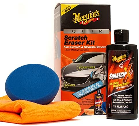 Meguiar's Quik Scratch Eraser Kit, Car Scratch Remover for Repairing Surface Blemishes, Car Care Kit with ScratchX, Drill-Mounted Pad, and Microfiber Towel, 3 Count