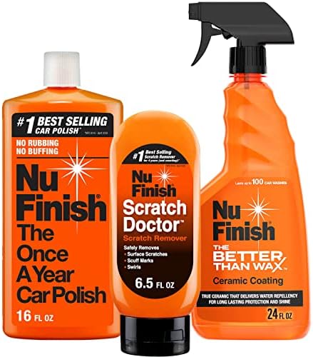 Nu Finish Exterior Car Detailing Kit, Shines and Protects Your Vehicle, Includes Scratch Doctor Scratch Remover, The Better Than Wax Ceramic Coating and Once A Year Car Polish, 3 Piece Kit
