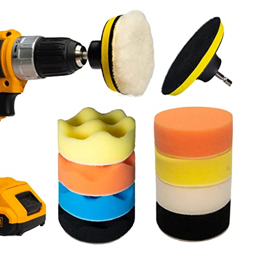 PRIMEVERTIK Buffing Pads 11 Pcs – 3 Inch Buffing Sponge Foam, Woolen Polishing Pad, Drill Adapter & Suction Cup Kit for Car Polishing, Waxing, Compounding & Sealing Glazes for Automative