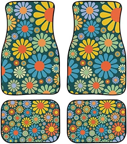 PZZ BEACH Abstract Hippie Flower Car Floor Mats for Women Men Full Set Auto Accessories Colorful Floral Universal Fit 4 Pieces
