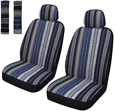 Pariitadin Baja Saddle Blanket Car Seat Covers Front Set with Seat Belt Pads, Washable Breathable Striped Woven Cloth Seat Covers for Cars, Universal Fit Most Cars, Airbag Compatible, Blue