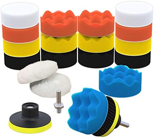 SCRUBIT Car Foam Drill Polishing Pad Kit 22 Pack, Includes 16 Detailing Sponges (3 in.), 2 Wool Buffer Pads, 2 Drill Adapters and Suction Cups for Your Vehicle - Waxing and Polisher Set