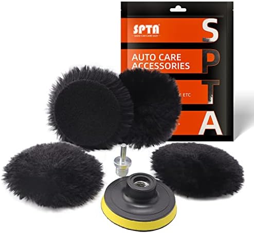 SPTA 3 Inch (75mm) Wool Buffer 3" Wool Buffing Pad Lambwool Wool Buffing polishing Pads, 6 Pcs Kit with Hook & Loop 5/8"-11 Thread Drill Adapter for Car Polishing and Buffing
