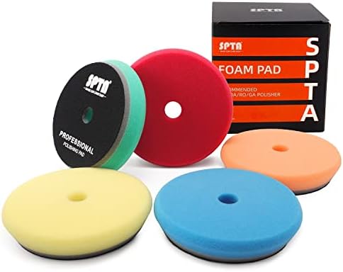 SPTA HD Buffing Polishing Pads, 5 Inch Orbital Buffer Pads Hook and Loop Buffing Pads, Foam Polish Pad 5 Grits from Coarse to Fine for 5 Inch DA Rotary Polisher Compounding, Polishing and Waxing