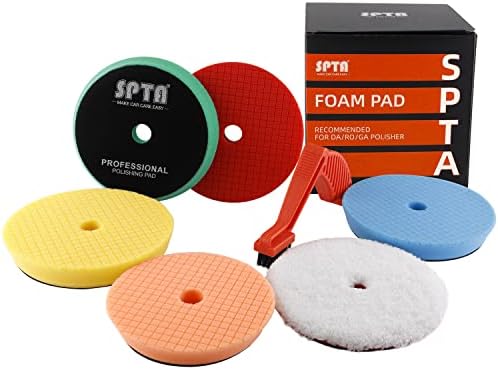SPTA Polishing Pads, 5Pc 5 Inch 125mm Orbital Buffer Polisher Pads and 1Pc Microfiber Buffing Pads, Foam Polish Pad for Compounding, Polishing and Waxing, for 5''/125mm Backing Plate Car Polisher