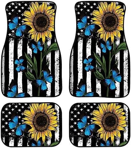 STUOARTE Flag Sunflower Butterfly Car Floor Mats All Weather, Sunflower Car Mats Floor Mats Carpet 4 Piece Mats for Car Interior Car Accessories for Women Universal Fit