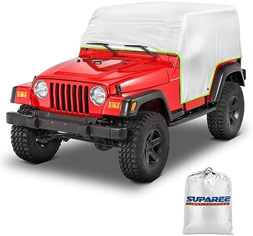SUPAREE Car Cover for Jeep Wrangler TJ and YJ Accessories 1992-2006, Jeep Wrangler Cab Cover Waterproof 2 Door with 4 Windproof Reinforcement and Mirror Cover for Snow Rain Hail Sunshine Protection