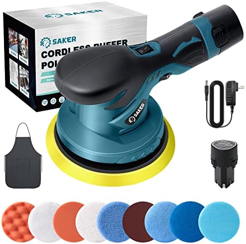 Saker Mini Cordless Buffer Polisher - 6 Inch Portable Polishing Machine Kit for Car Detailing, with 1PC 12V 2000mAh Rechargeable Battery, Extra 10 PCS Attachments, (X15101)