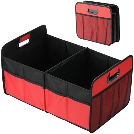 Simple Deluxe Car Trunk Organizer, Anti-slip Design, Made of Waterproof 600D Oxford Polyester, 2 Compartments Collapsible Trunk Storage, Suitable for SUV, 14" D x 22" W x 12" H, Red