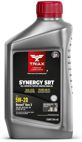 TRIAX Synergy SRT 5W-20 Full Synthetic PAO-Ester Engine Oil, 20K Mile Drain, Moly/Boron Friction Modified, API SP Licensed, Dex2 Gen 3, 3x Wear Protection (1 Quart)
