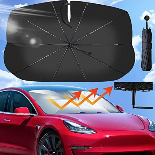 UVANTI 2023 Tesla Model 3/Y Windshield Sunshade, Car Window Shades Front Windshield Bendable Handle, Automotive Windshield Sunshades Fit Most Cars SUV Pickup Truck, Tesla Accessories(57"X33.5")